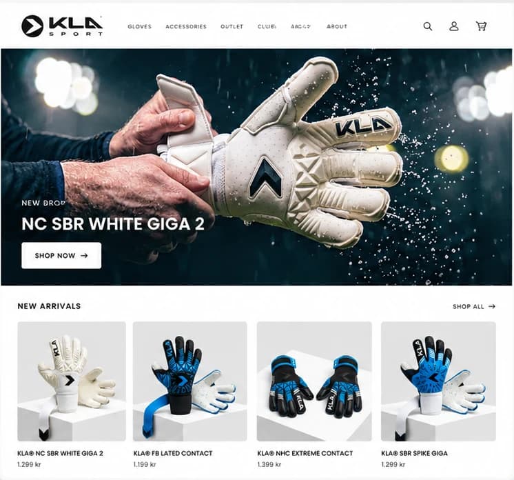 KLA Sports nye Shopify-butikk: hero med keeperhansker og nye produkter